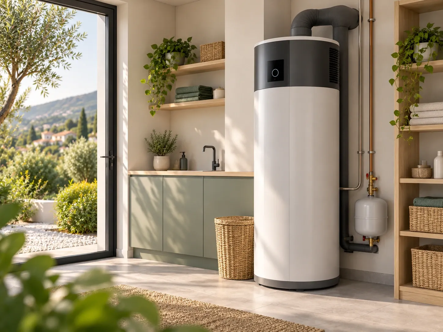 Chauffe-eau thermodynamique avec ses conduits et raccordements
