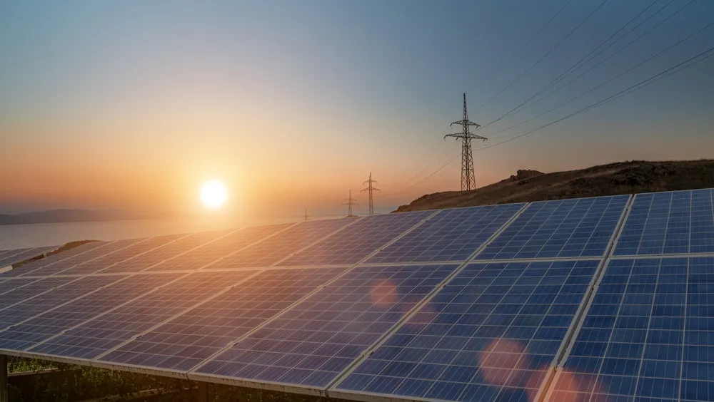 Panneaux photovoltaïques alignés au coucher du soleil près de lignes électriques.