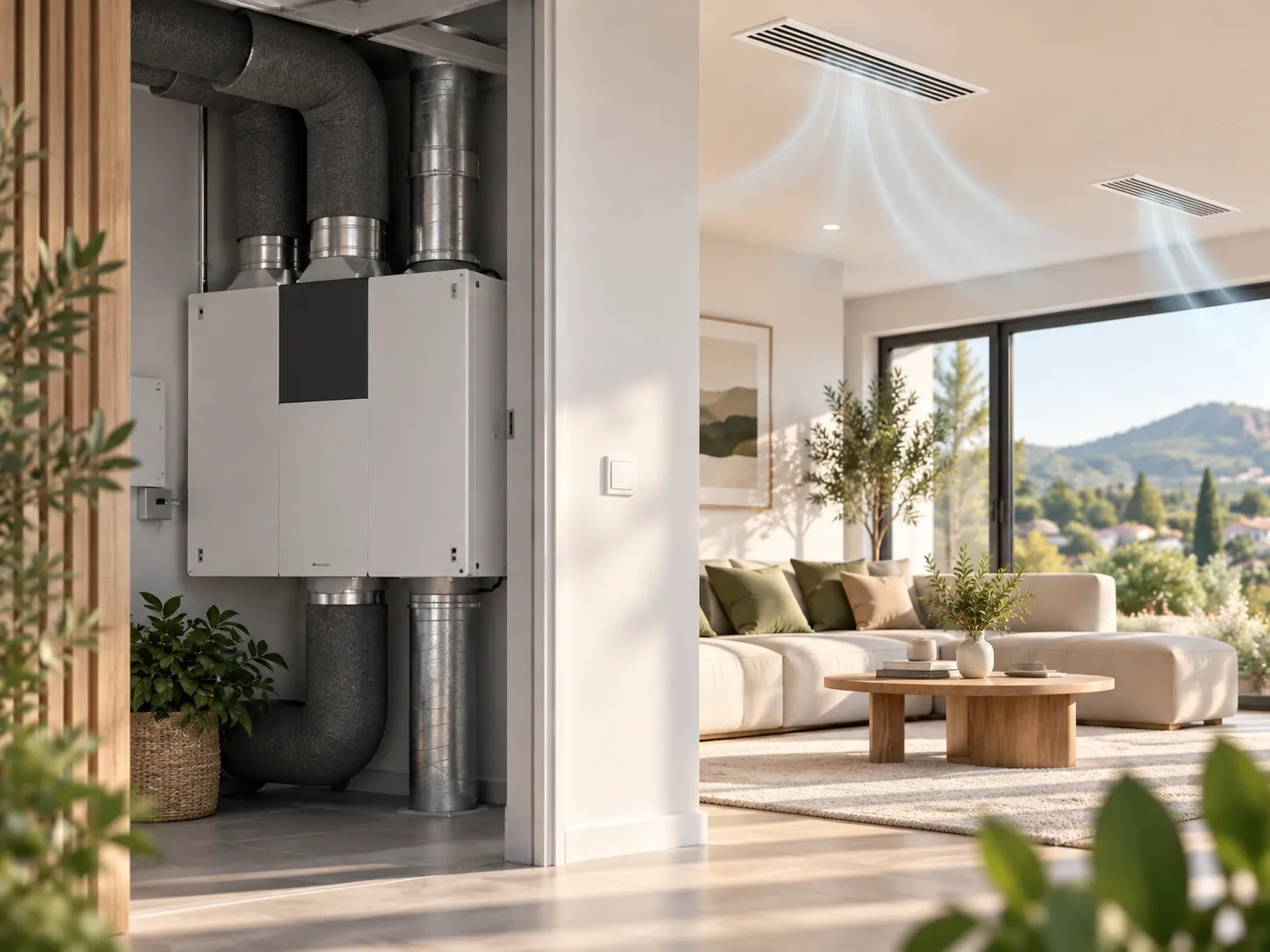 Système de ventilation avec conduits installé à proximité d'un salon
